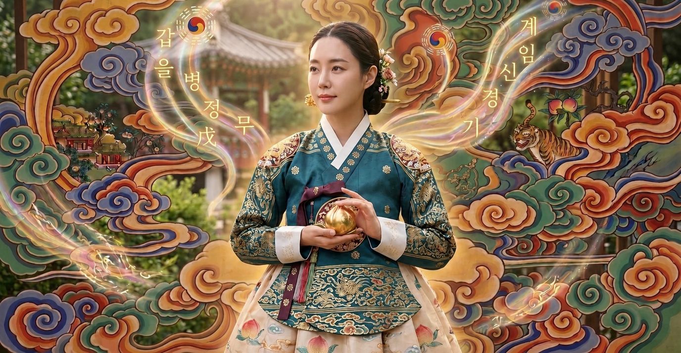 A woman sage of the four pillars, seated among clouds with the ten heavenly stems